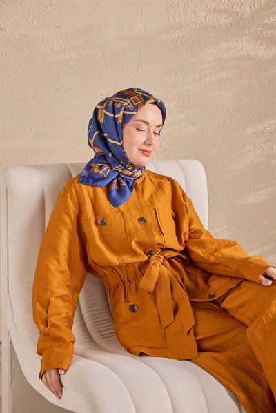 Twill İpek Detailed Belt Eşarp Mavi 90x90
