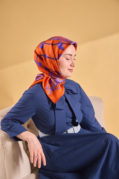 Twill İpek Detailed Belt Eşarp Turuncu 90x90