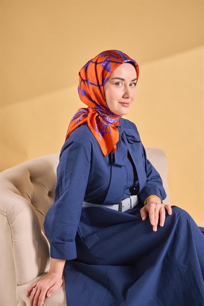 Twill İpek Detailed Belt Eşarp Turuncu 90x90