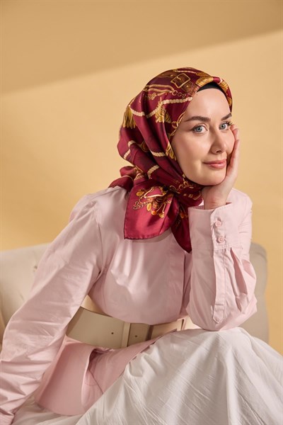 Twill İpek Detailed Belt Eşarp Vişne Çürüğü 90x90