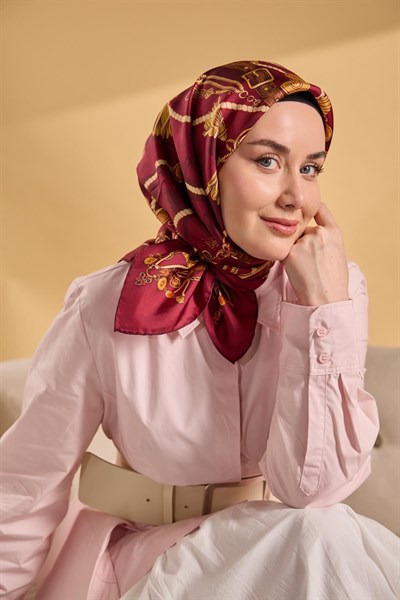 Twill İpek Detailed Belt Eşarp Vişne Çürüğü 90x90