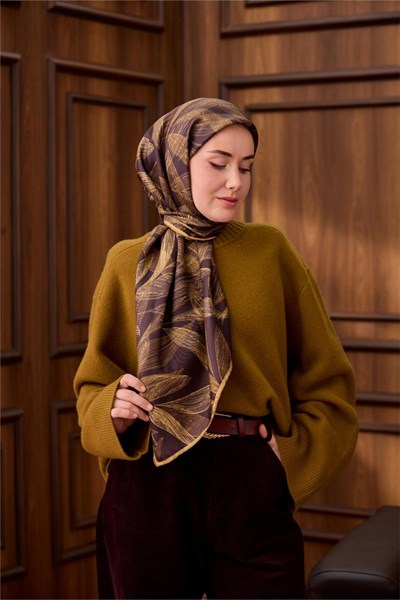 Twill İpek Eşarp Acı Kahve-Açık Gold Gold Geçişli Kaymaz Tok Duruşlu 90x90