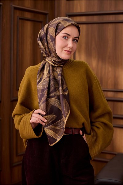 Twill İpek Eşarp Acı Kahve-Açık Gold Gold Geçişli Kaymaz Tok Duruşlu 90x90