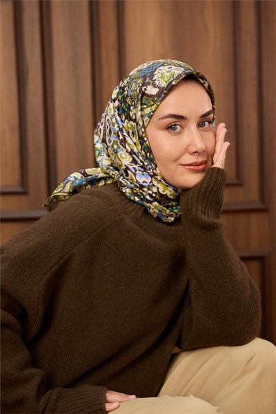 Twill İpek Eşarp Acı Kahve-Fıstık Yeşili Desenli Tok Duruşlu 90x90