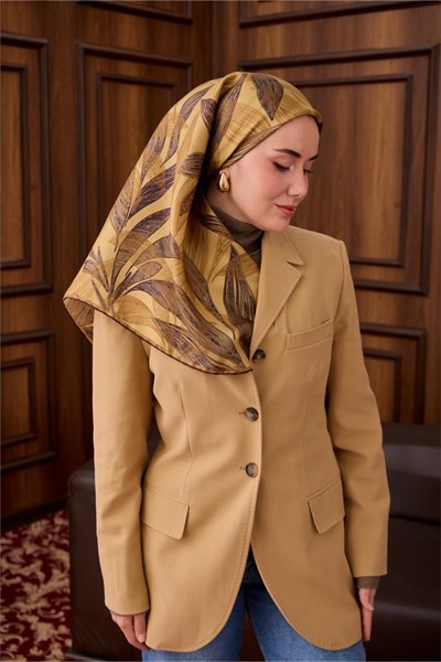 Twill İpek Eşarp Acı Kahve-Gold Yaprak Desenli Tok Duruşlu 90x90