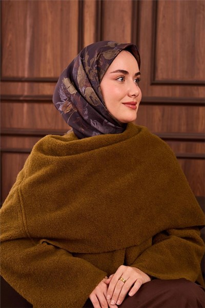 Twill İpek Eşarp Açı Kahve-Kına Yeşili Çiçek Desenli Tok Duruşlu 90x90