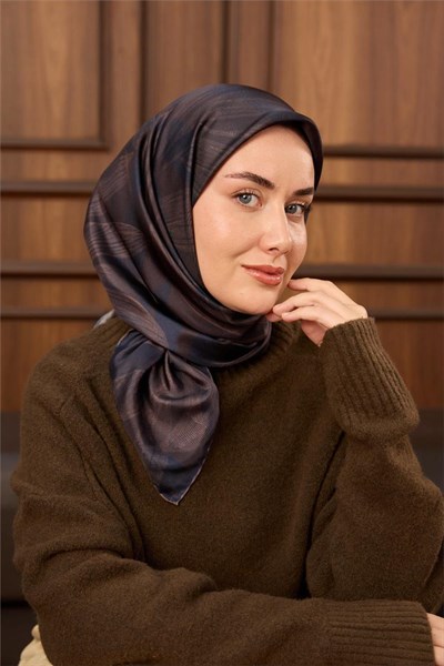 Twill İpek Eşarp Acı Kahve-Lacivert Desenli Tok Duruşlu 90x90