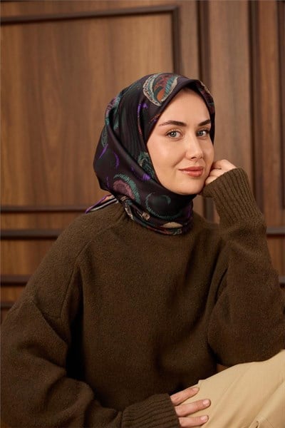 Twill İpek Eşarp Acı Kahve-Patina Desenli Tok Duruşlu 90x90
