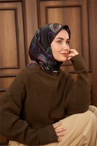 Twill İpek Eşarp Acı Kahve-Patina Desenli Tok Duruşlu 90x90