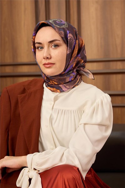 Twill İpek Eşarp Acı Kahve-Turuncu Desenli Tok Duruşlu 90x90