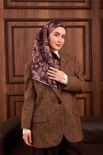 Twill İpek Eşarp Acı Kahve Vizon Kahverengi Papatya Desenli Tok Duruşlu 90x90