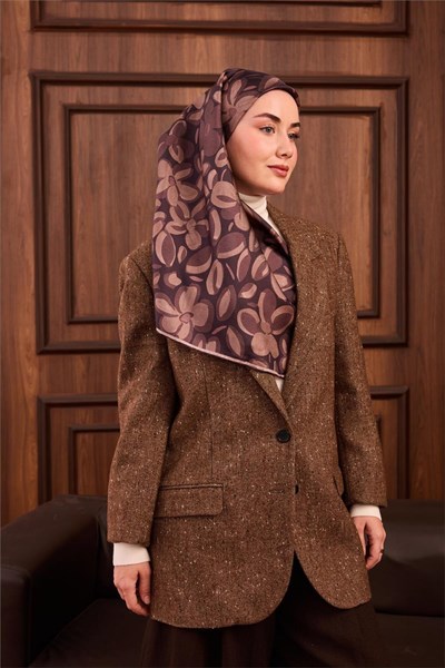Twill İpek Eşarp Acı Kahve Vizon Kahverengi Papatya Desenli Tok Duruşlu 90x90