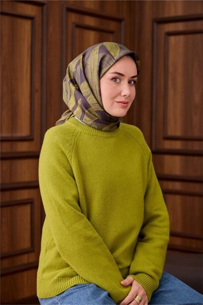 Twill İpek Eşarp Antrasit-Asit Yeşili Desenli Tok Duruşlu 90x90
