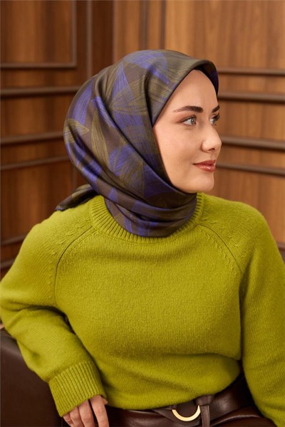 Twill İpek Eşarp Antrasit-Çivit Desenli Tok Duruşlu 90x90