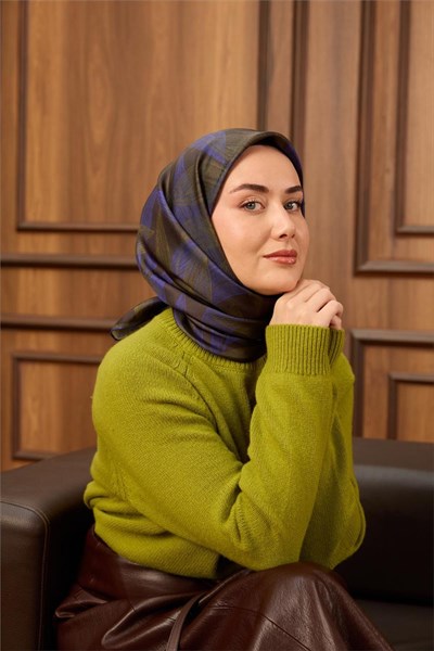 Twill İpek Eşarp Antrasit-Çivit Desenli Tok Duruşlu 90x90
