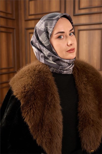 Twill İpek Eşarp Antrasit-Gri Gümüş Geçişli Kaymaz Tok Duruşlu 90x90