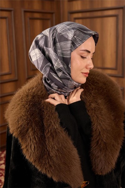 Twill İpek Eşarp Antrasit-Gri Gümüş Geçişli Kaymaz Tok Duruşlu 90x90