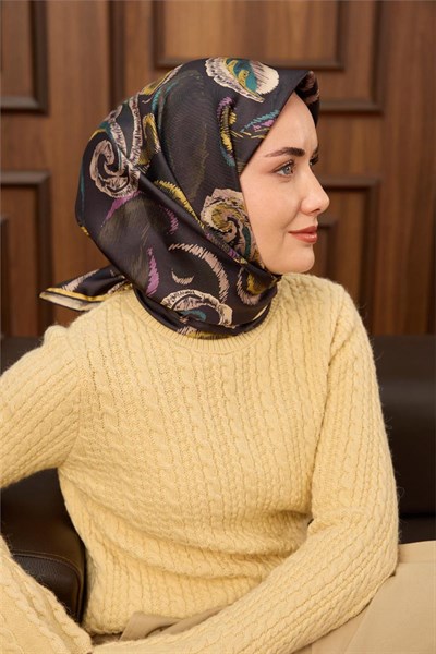 Twill İpek Eşarp Antrasit-Haki Desenli Tok Duruşlu 90x90