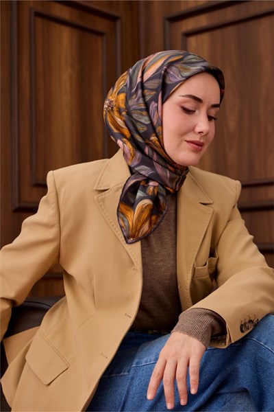 Twill İpek Eşarp Antrasit-Hardal Desenli Tok Duruşlu 90x90