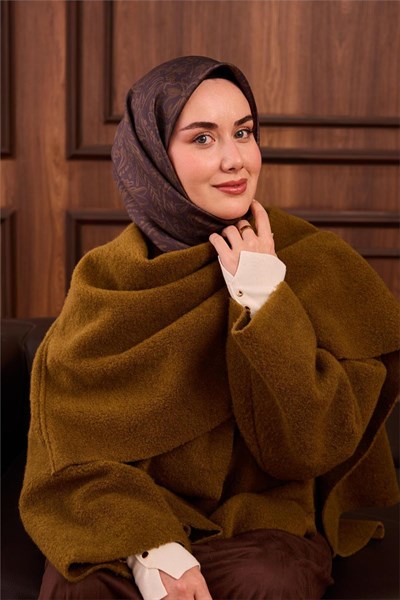 Twill İpek Eşarp Antrasit-Kına Yeşili Çiçek Desenli Tok Duruşlu Kaymaz 90x90