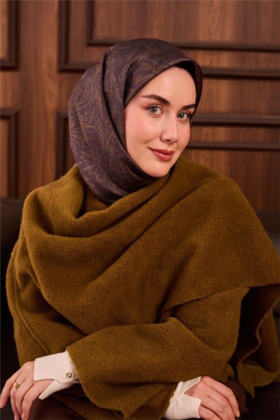Twill İpek Eşarp Antrasit-Kına Yeşili Çiçek Desenli Tok Duruşlu Kaymaz 90x90