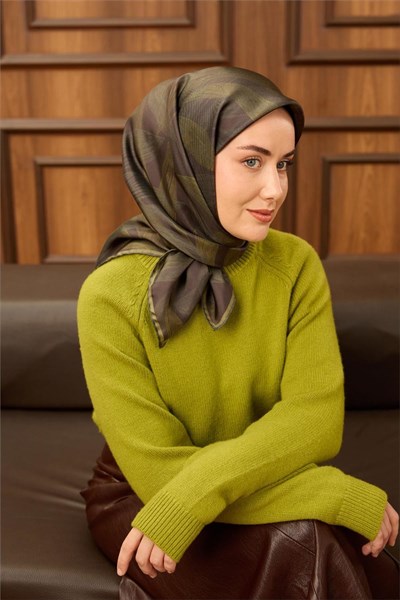 Twill İpek Eşarp Antrasit-Koyu Yeşil Desenli Tok Duruşlu 90x90