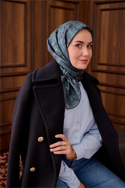Twill İpek Eşarp Antrasit-Sisli Yeşil Desenli Tok Duruşlu 90x90