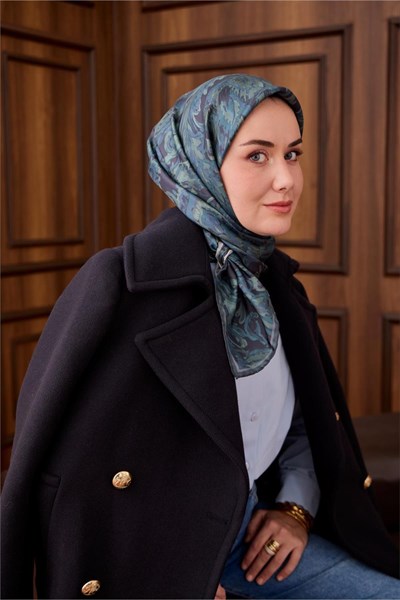 Twill İpek Eşarp Antrasit-Sisli Yeşil Desenli Tok Duruşlu 90x90