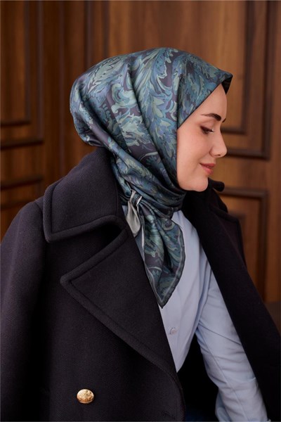 Twill İpek Eşarp Antrasit-Sisli Yeşil Desenli Tok Duruşlu 90x90