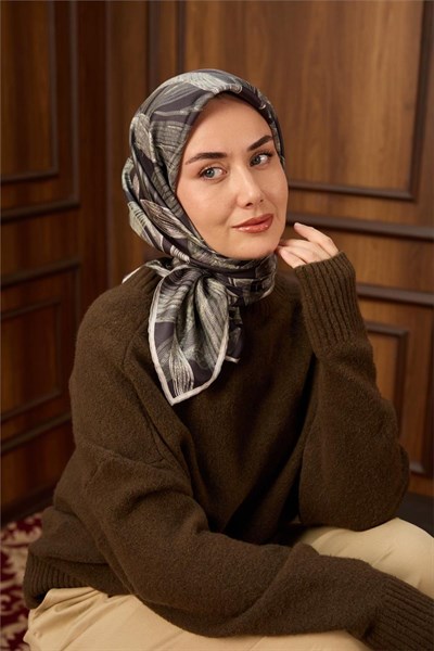 Twill İpek Eşarp Antrasit-Su Yeşili Desenli Tok Duruşlu 90x90