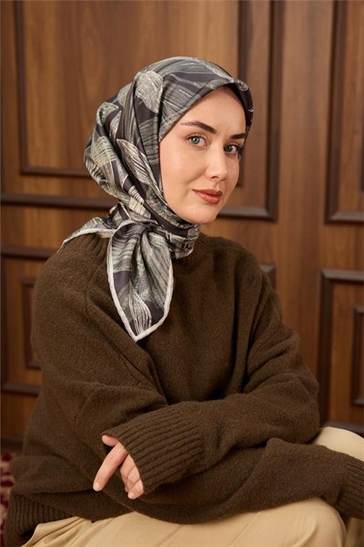 Twill İpek Eşarp Antrasit-Su Yeşili Desenli Tok Duruşlu 90x90