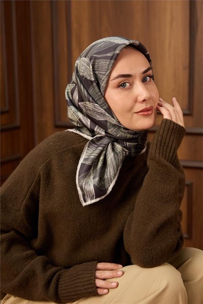 Twill İpek Eşarp Antrasit-Su Yeşili Desenli Tok Duruşlu 90x90