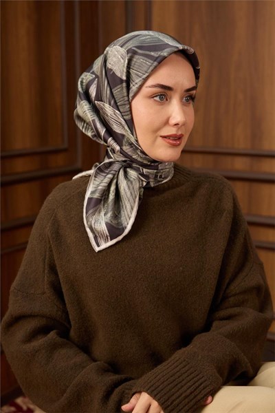 Twill İpek Eşarp Antrasit-Su Yeşili Desenli Tok Duruşlu 90x90