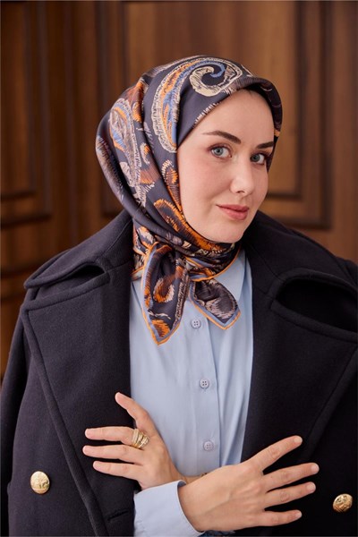 Twill İpek Eşarp Antrasit-Turuncu Desenli Tok Duruşlu 90x90