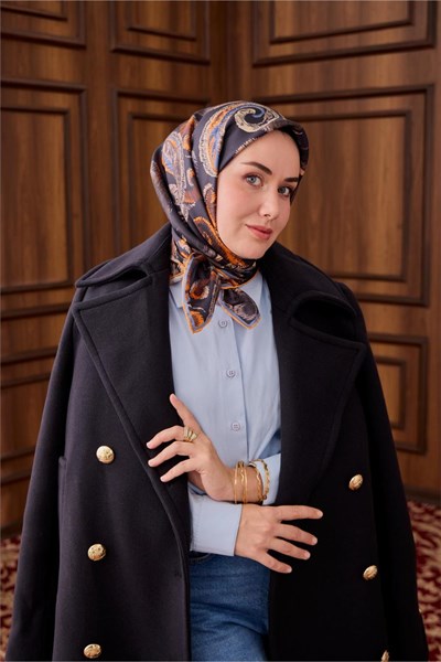 Twill İpek Eşarp Antrasit-Turuncu Desenli Tok Duruşlu 90x90
