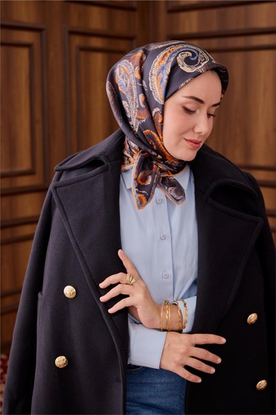 Twill İpek Eşarp Antrasit-Turuncu Desenli Tok Duruşlu 90x90