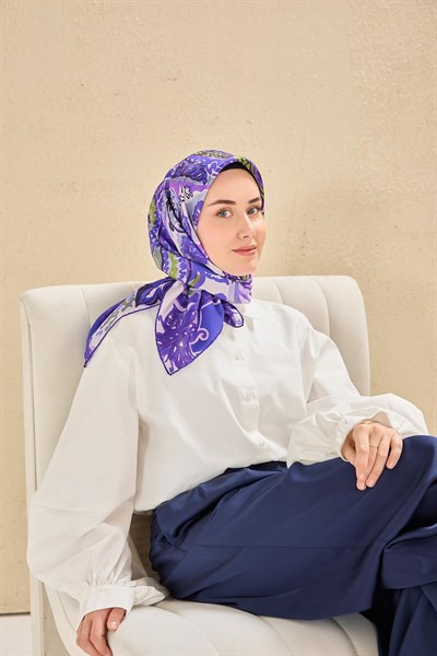 Twill İpek Eşarp Art Desen Canlı Mor 90x90