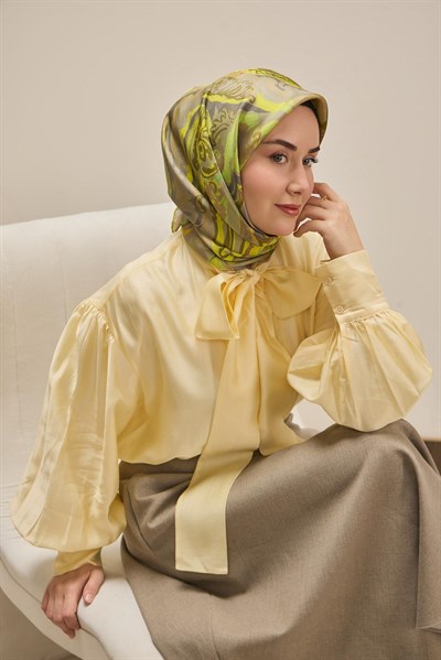 Twill İpek Eşarp Art Desen Çimen Yeşili 90x90