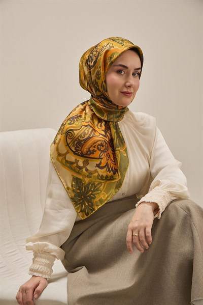 Twill İpek Eşarp Art Desen Haki 90x90
