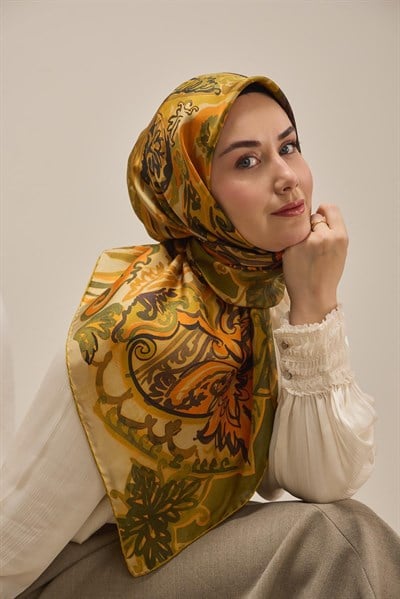 Twill İpek Eşarp Art Desen Haki 90x90