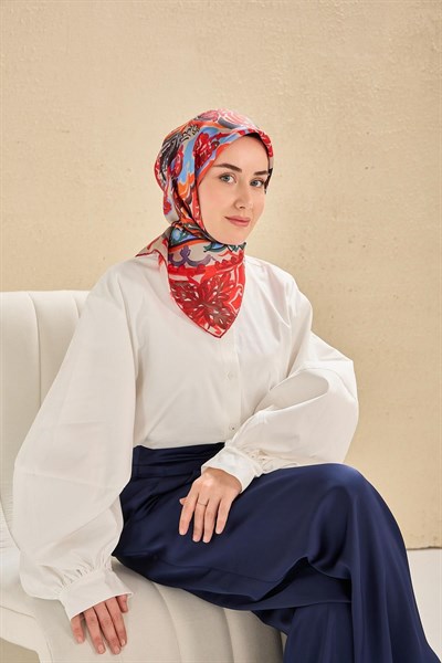 Twill İpek Eşarp Art Desen Kırmızı 90x90