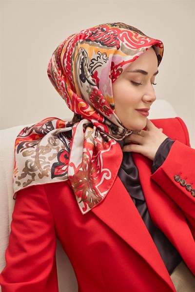 Twill İpek Eşarp Art Desen Kırmızı 90x90