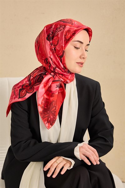 Twill İpek Eşarp Art Desen Koyu Kırmızı 90x90