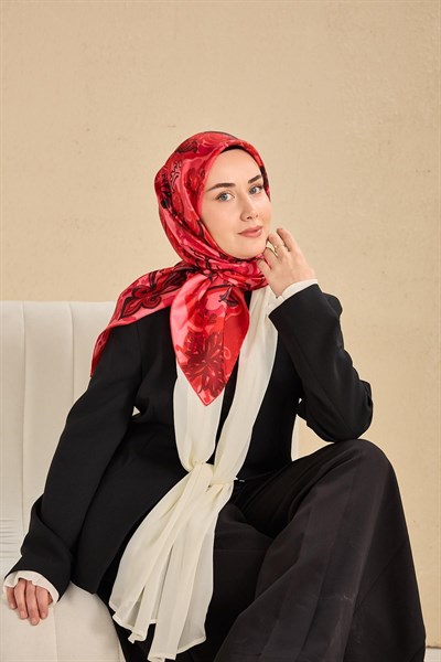 Twill İpek Eşarp Art Desen Koyu Kırmızı 90x90