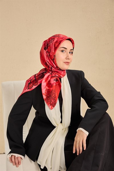 Twill İpek Eşarp Art Desen Koyu Kırmızı 90x90