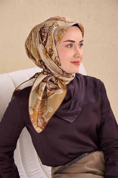 Twill İpek Eşarp Art Desen Koyu Krem 90x90