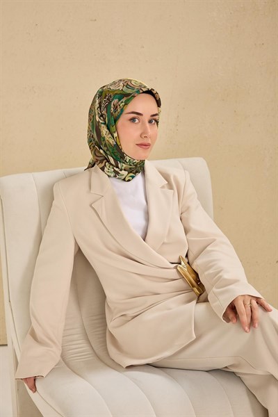 Twill İpek Eşarp Art Desen Koyu Yeşil 90x90