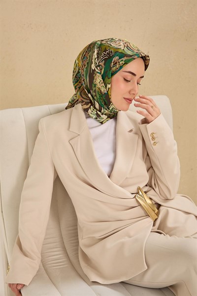 Twill İpek Eşarp Art Desen Koyu Yeşil 90x90