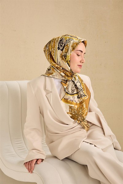 Twill İpek Eşarp Art Desen Krem 90x90