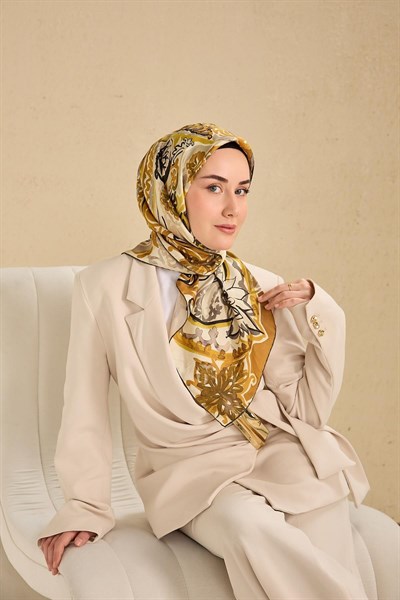 Twill İpek Eşarp Art Desen Krem 90x90